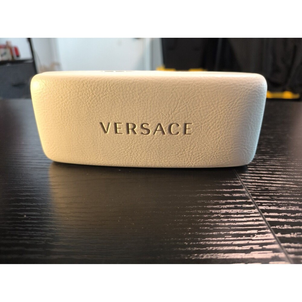 Versace Embossed Gold Logo White Leather Hard Clamshell Eyeglass - Glasses Case